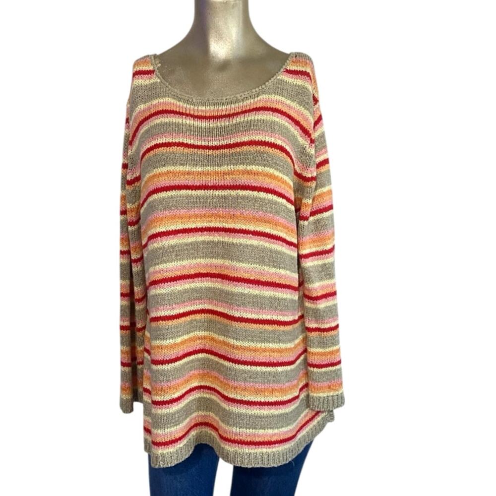 Vintage White Stag Striped Knit Sweater Top XL Open Knit Sunset Pastel Crochet